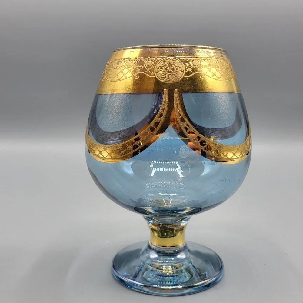 Vintage MCM Italian Brandy Snifter Set 2 Blue Gold Encrusted Filigree Glassware